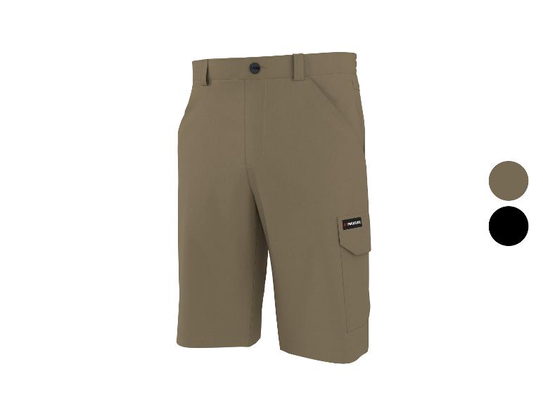 Spodenki robocze khaki z bocznymi kieszeniami i czarnymi detalami.