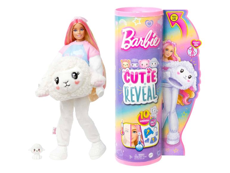 Barbie Cutie Reveal w temacie owcy, w zestawie z lalką i zwierzątkiem domowym.