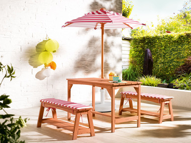 LIVARNO home Zestaw ze stołem ogrodowym dla dzieci, z 2 ławkami i parasolem