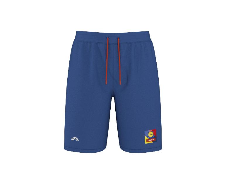 Granatowe szorty sportowe z pomarańczowym sznurkiem i kolorowym logo na nogawce.