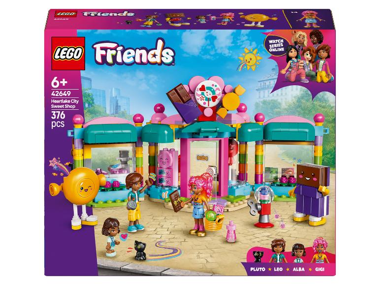 Zestaw LEGO Friends Heartlake City Sweet Shop z 376 elementami, przedstawiający sklep ze słodyczami i minifigurki.