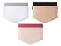 Cztery pary damskich majtek w różnych kolorach, w tym białe, beżowe, czarne i czerwone.