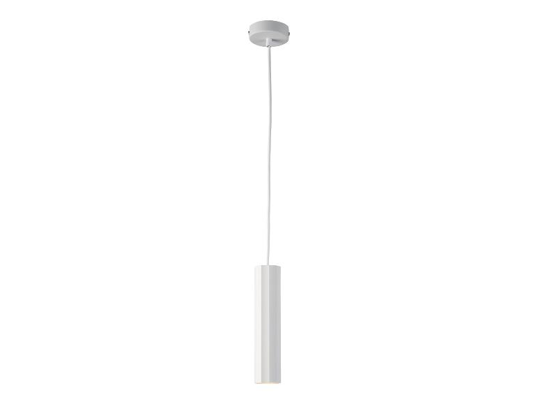 Nowoczesna biała cylindryczna lampa wisząca.