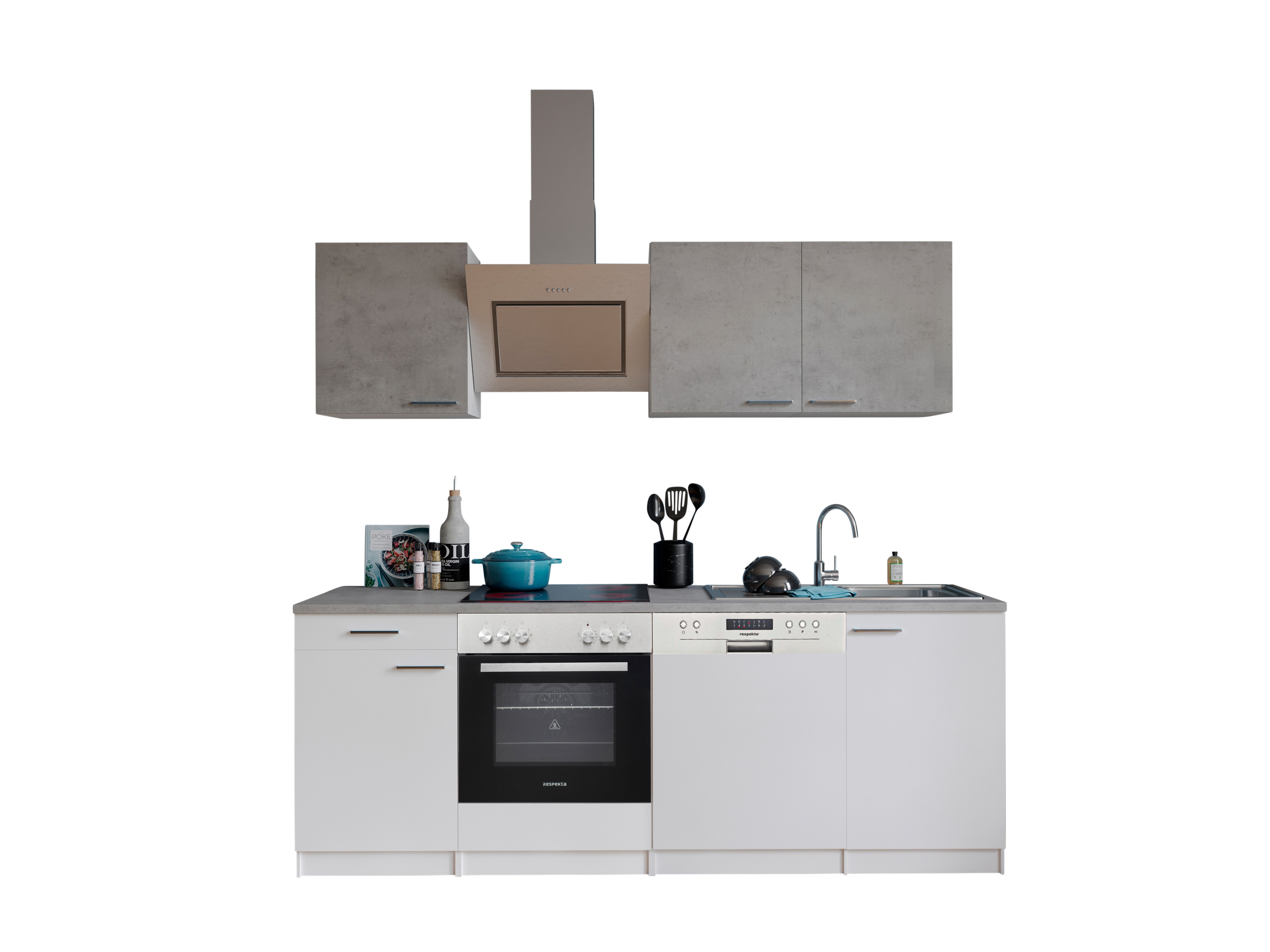 RESPEKTA Kuchnia Malia (płyta ceramiczna, naczynia, zmywarka do naczyń., Biały/betonBiały/beton, 220 cm)