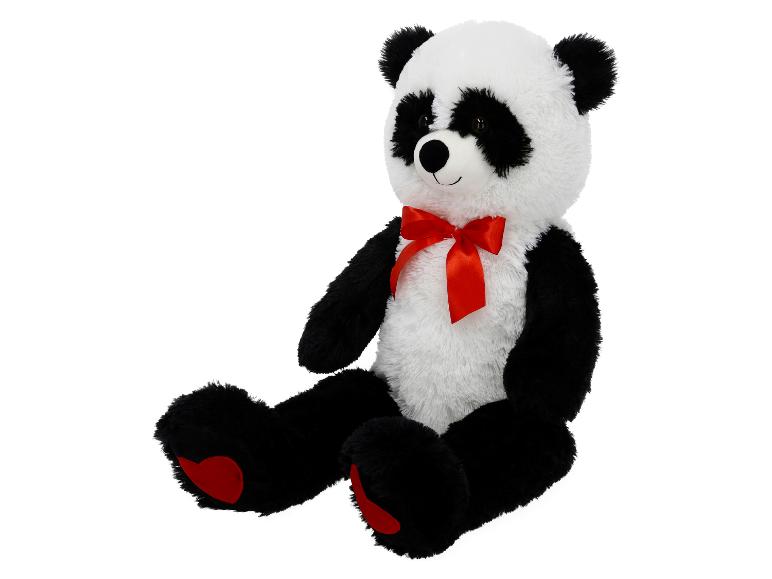 Pluszowa panda w kolorze czarno-białym z czerwoną kokardą