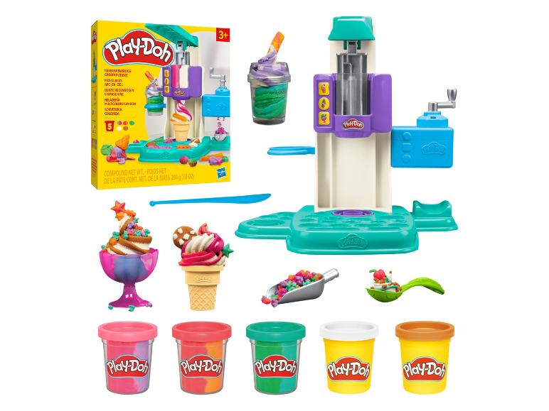 Zestaw Play-Doh Rainbow Swirl Ice Cream z maszyną do lodów i 5 pojemnikami ciastoliny.