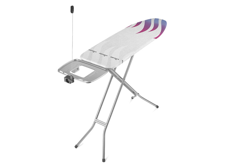 Biała deska do prasowania z różowo-niebieskim wzorem Vileda.