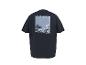 Granatowy T-shirt z nadrukiem surfera, palm i fal, z napisem „RIDE THE WAVES FEEL THE FLOW”.