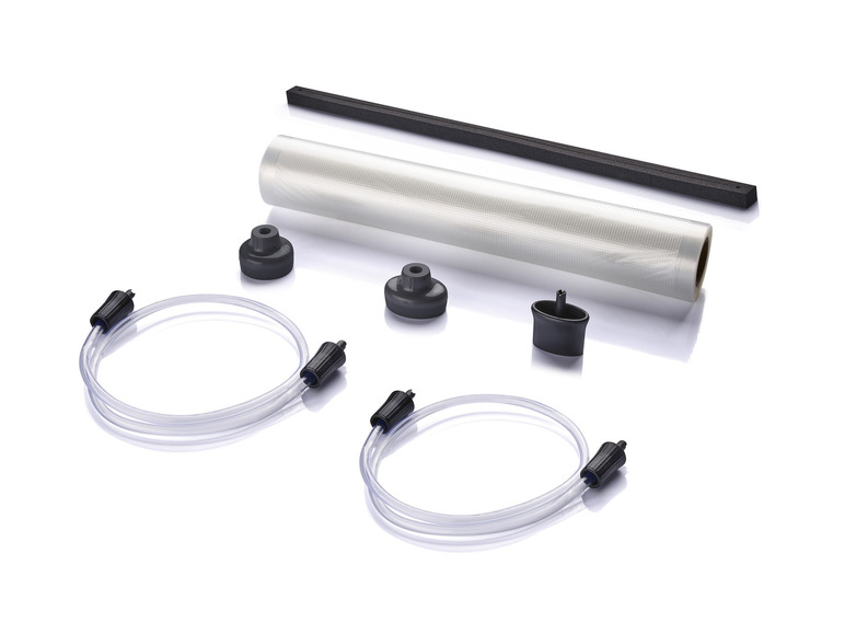 Rolki do pakowania próżniowego, dwa węże i akcesoria do pakowania próżniowego.