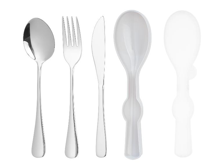 Zestaw metalowych i plastikowych sztućców, w tym łyżki, widelec i nóż.