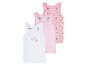 Trzy tank topy Lupilu dla dziewczynek, jeden biały z ptakami, jeden w paski i jeden różowy z ptakami.