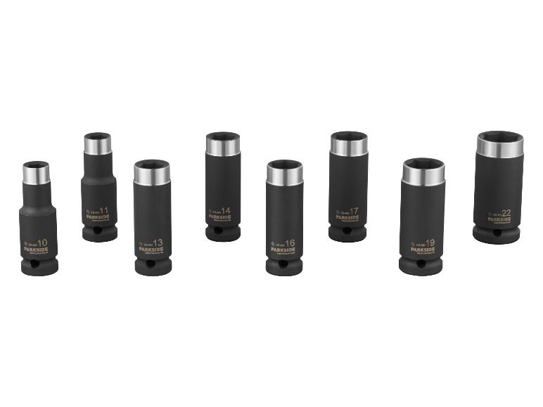 Zestaw ośmiu czarnych nasadek udarowych, od 10 mm do 22 mm, ze srebrnymi końcówkami.