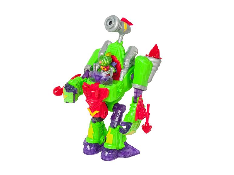 Zielono-czerwony robot-zabawka z małą figurką w środku, na białym tle.
