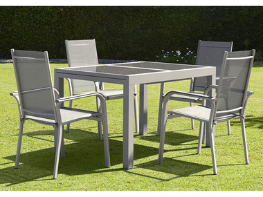 LIVARNO home Zestaw aluminiowych mebli ogrodowych Houston (stół rozsuwany + 4 krzesła sztaplowane), srebrny/ szary