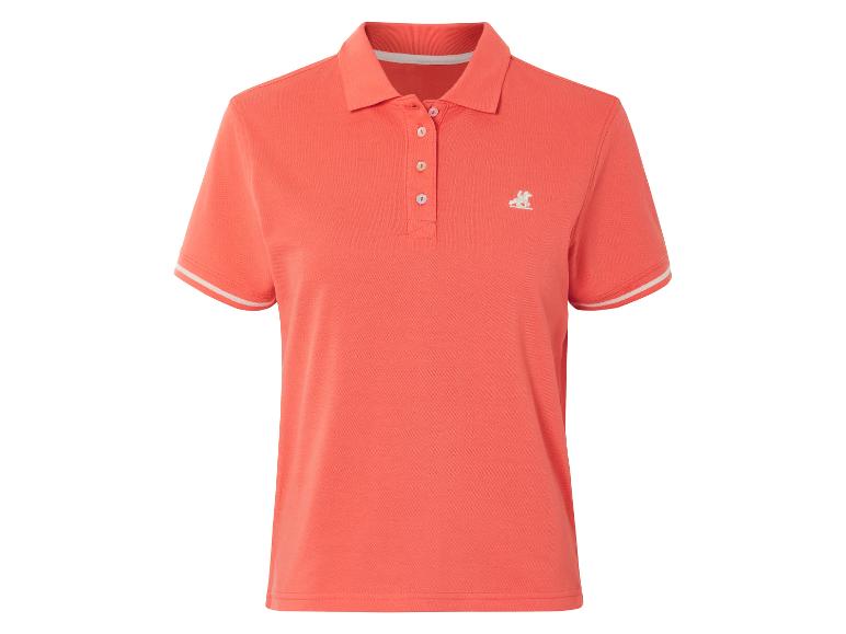 Koszulka polo dla kobiet w kolorze koralowym, biały kołnierzyk, haftowane logo.