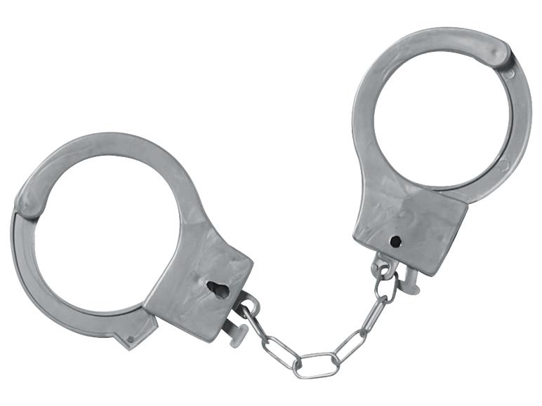Srebrne metalowe kajdanki z krótkim łańcuchem pośrodku.