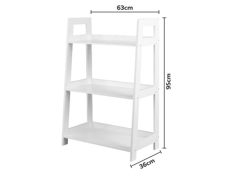 Biały regał 3-poziomowy o wymiarach 63cm (szerokość) x 95cm (wysokość) x 36cm (głębokość).