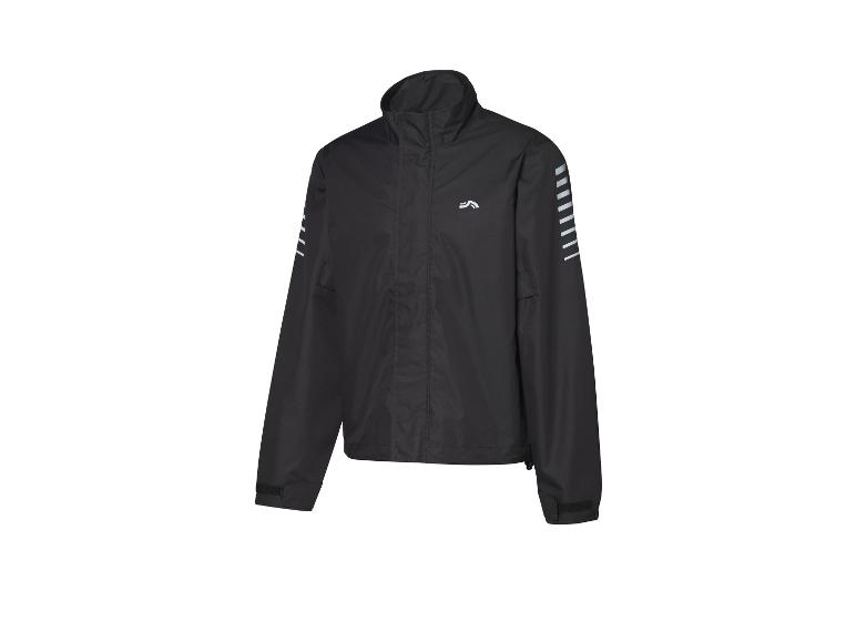 Czarna kurtka przeciwdeszczowa z odblaskowymi paskami.