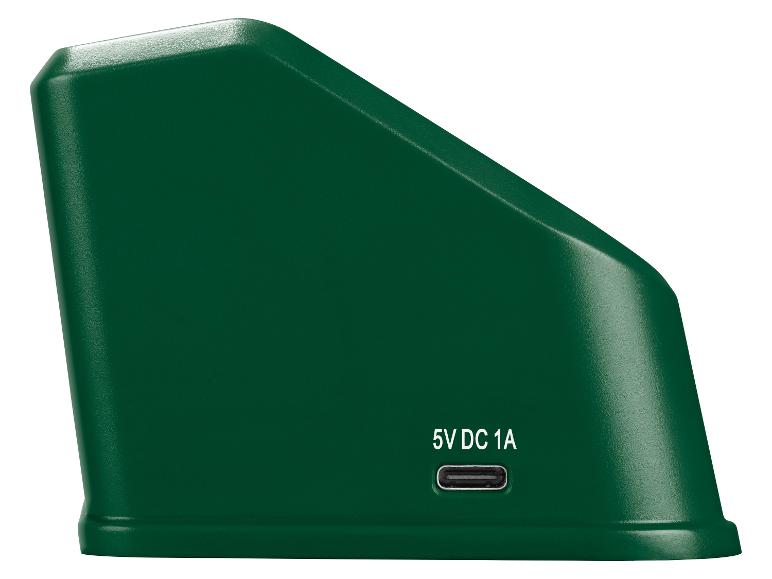 Zielone urządzenie z portem USB-C i napisem „5V DC 1A” z boku.