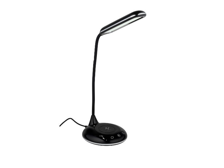 Nowoczesna czarna lampa biurkowa z bezprzewodową ładowarką.
