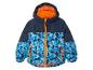 Niebieska kurtka dziecięca z pomarańczowymi detalami i geometrycznym wzorem.