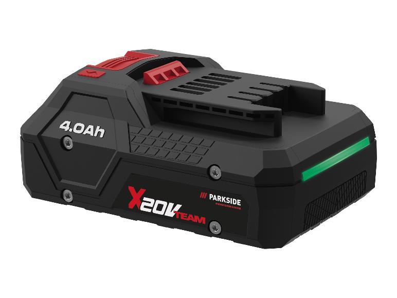 Akumulator do elektronarzędzi 4.0Ah z czerwonymi detalami i zieloną lampką kontrolną.