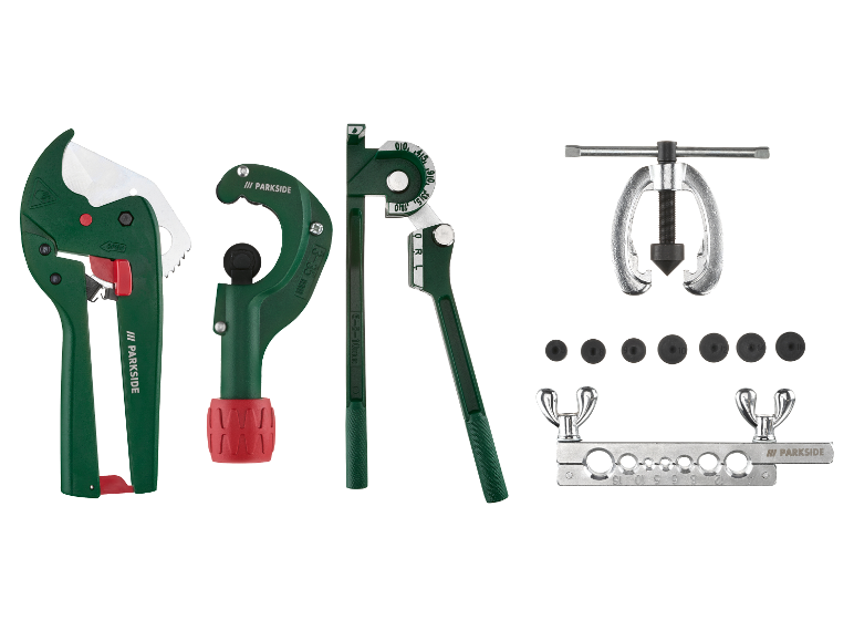 Zestaw narzędzi Parkside do rur: przecinarka, giętarka i prasa.