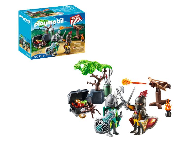 Figurki rycerzy Playmobil ze skrzynią skarbów, pająkiem, kuszą i innymi akcesoriami.