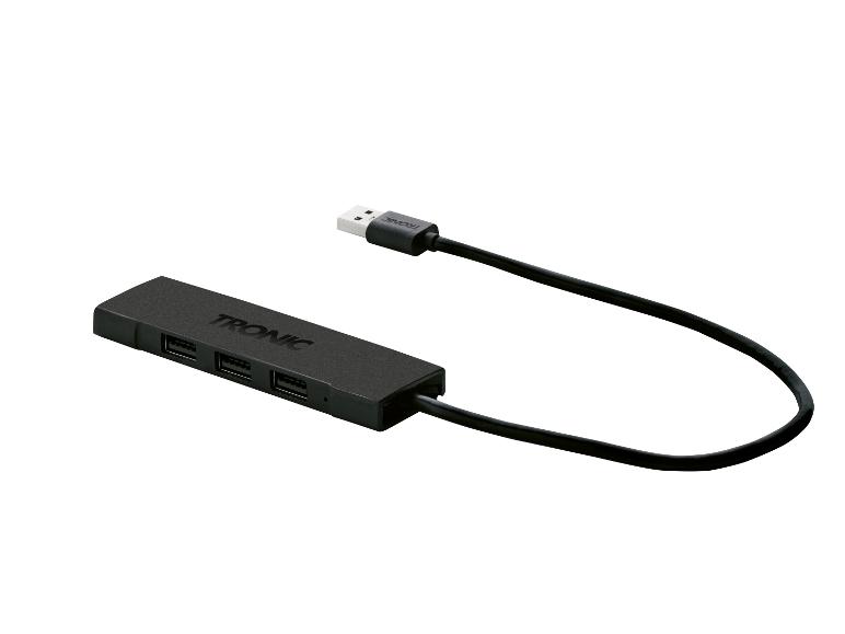 Czarny koncentrator USB z czterema portami marki TRONIC.