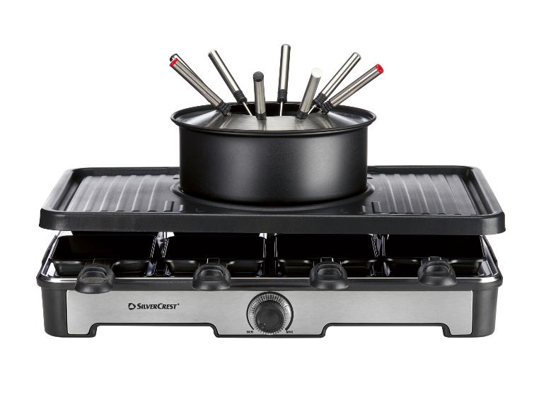 Grill raclette i fondue SilverCrest z szpikulcami i pojedynczymi patelniami.