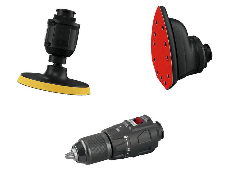 Szlifierka z okrągłym i trójkątnym papierem ściernym oraz wiertarka.