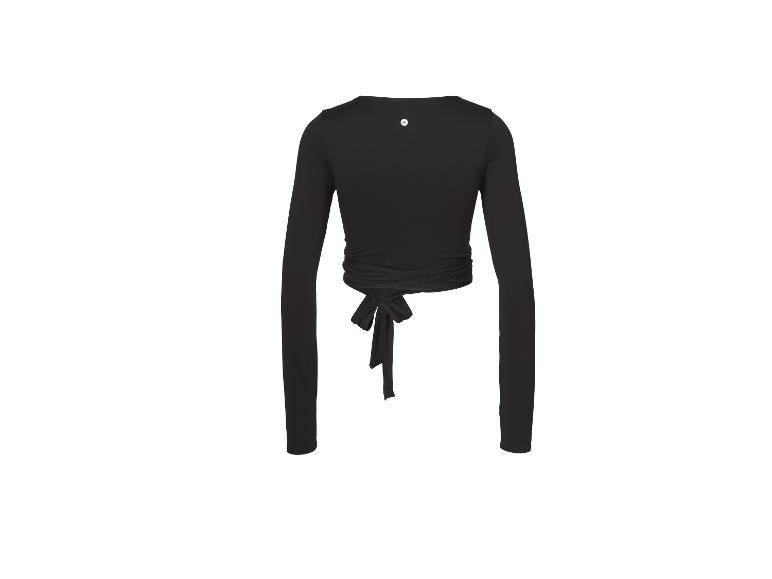 Czarny top z długim rękawem i wiązaniem w talii, widok z tyłu.