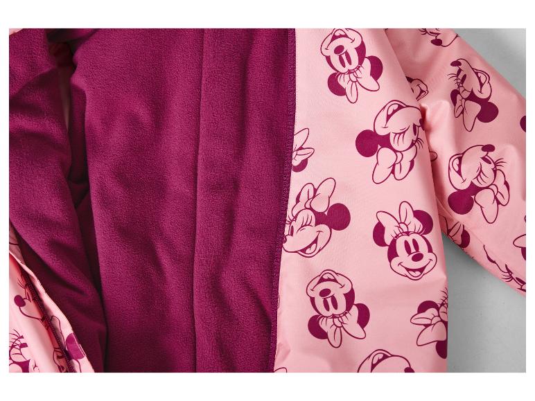 Różowa kurtka z nadrukiem Myszki Minnie i fioletową podszewką z polaru.