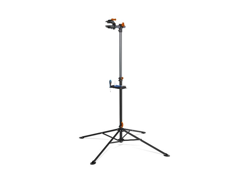 Stojak do naprawy rowerów z tacką na narzędzia i regulowanym zaciskiem