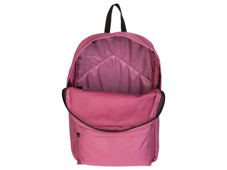 Różowy plecak z otwartą kieszenią.