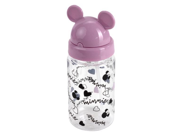 Różowa butelka na wodę z wzorem Minnie Mouse.