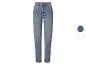 Niebieskie jeansy denim z wysokim stanem i prostymi nogawkami.