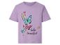 Liliowy T-shirt z kolorowym nadrukiem motyli i napisem „hello beautiful”.
