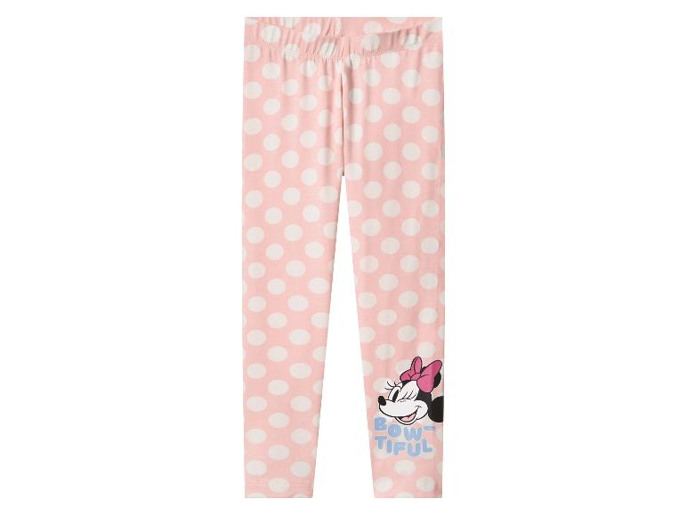 Różowe legginsy w kropki z Myszką Minnie i napisem „BOW-TIFUL”.