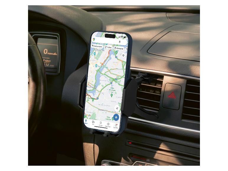 Uchwyt samochodowy na telefon z telefonem wyświetlającym mapę nawigacyjną.