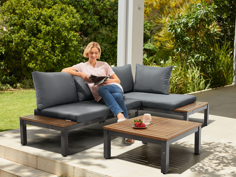 Pełny ekran: LIVARNO home Narożna kanapa ogrodowa z aluminium i drewna, 3 elementy - zdjęcie 2