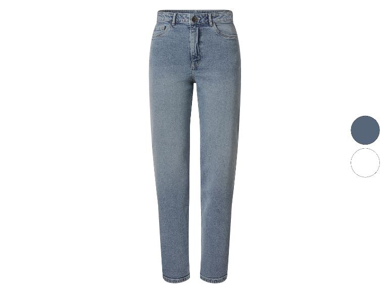 Niebieskie jeansy denim z wysokim stanem i prostymi nogawkami.
