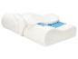 Biała poduszka z pianki memory z niebieskim żelem chłodzącym, częściowo pokryta poszewką.