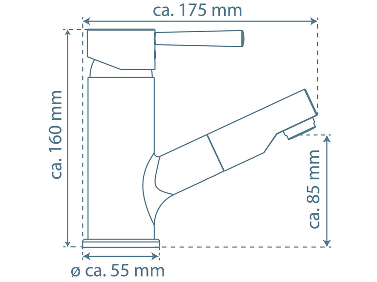 Schematyczna ilustracja baterii kuchennej z wymiarami.