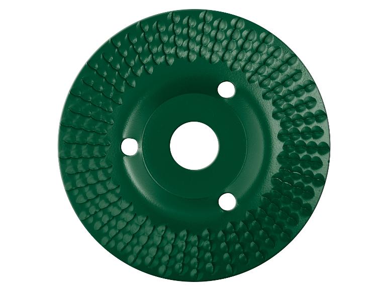 Zielona tarcza do rzeźbienia w drewnie z szorstką powierzchnią i trzema otworami.