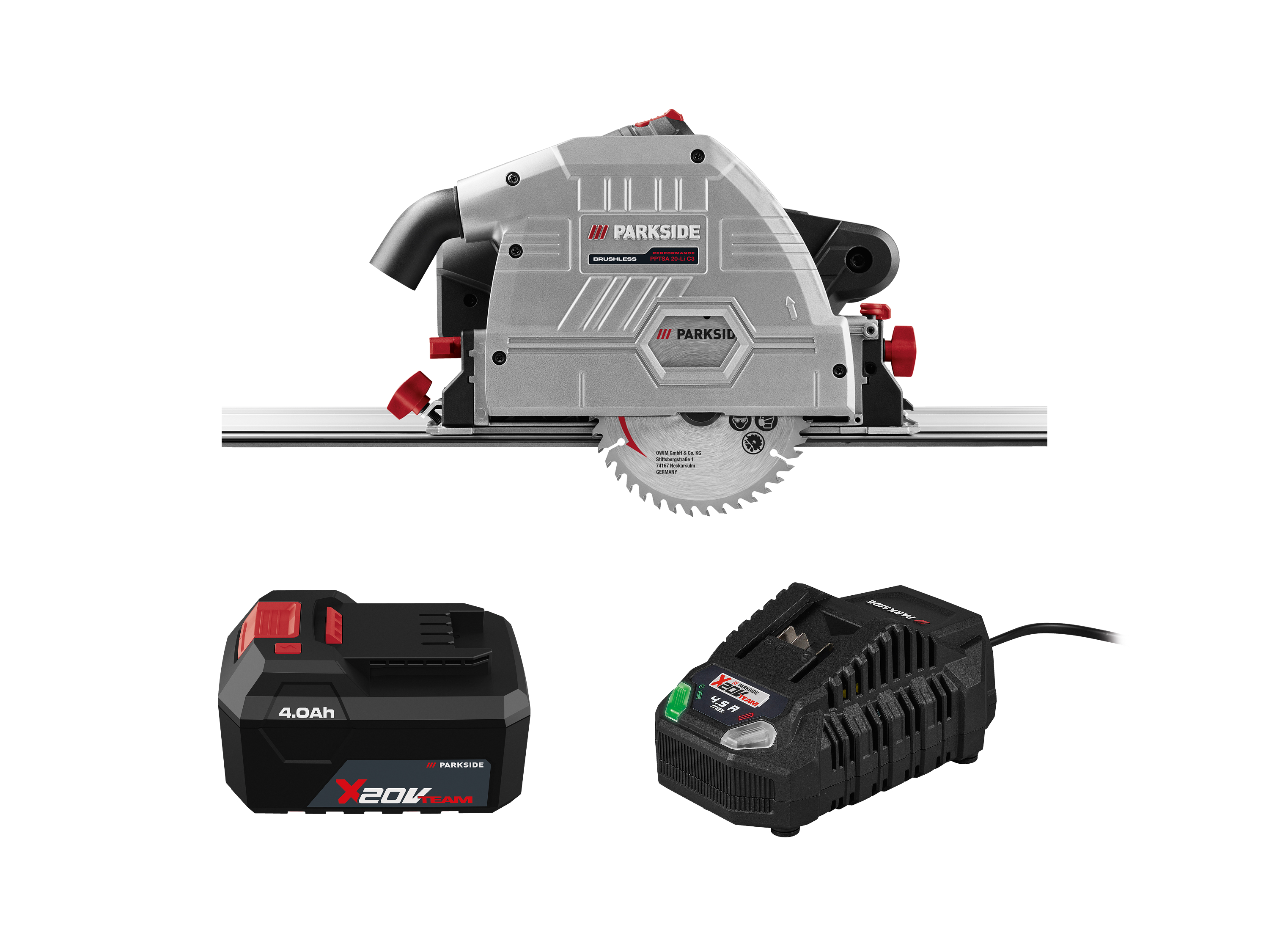 PARKSIDE® Zestaw 20 V: Akumulatorowa pilarka wgłębna, akumulator litowo-jonowy 4 Ah PAP 204 A1 oraz ładowarka 120 W PLG 20 C3