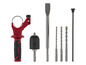 Czerwony uchwyt do wiertła z czarną głowicą wiertarską, dłut i trzy wiertła.