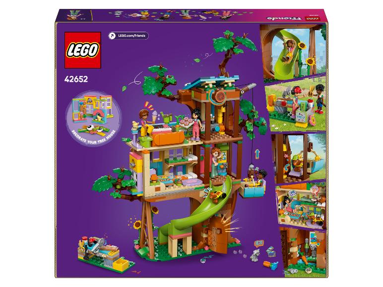 Zestaw LEGO Friends 42652 z domkiem na drzewie, minifigurkami i akcesoriami.
