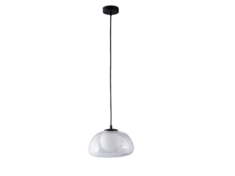 Nowoczesna lampa wisząca z przezroczystym kloszem szklanym i białym dyfuzorem.