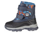 Niebieskie zimowe buty z kamuflażowym wzorem i logo 'Winter Fun'.